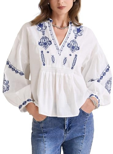 Allegra K Chemisier d'Été Brodé Femme Blouse à Fleurs Boho Col en V et Manches Longues Haut Fluide T-Shirt Décontracté Coupe Ample Blanc S