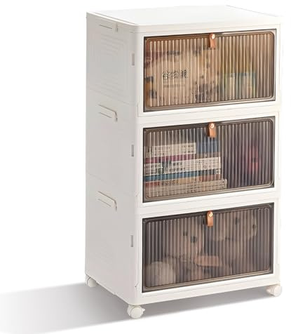 22L*3 Tier Stackable Storage Boxes with Lid, Flip-Door Plastic Storage Boxes on Wheels, Foldable Collapsible Plastic Drawers Folding Bins Containers for Home Wardrobe Office Organisation