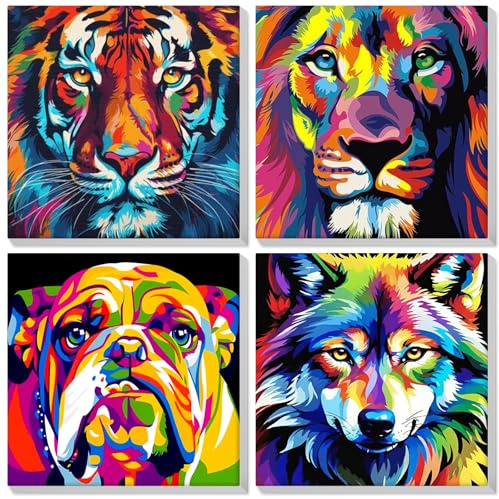 Lxmsja 4 Pack Framed Paint by Numbers for Children Adults, Colorful Animals Painting by Numbers Kit for Kids Adults Canvas Kits, Easy DIY Acrylic Pigment Drawing Paintwork for Home Wall Decor 20x20cm
