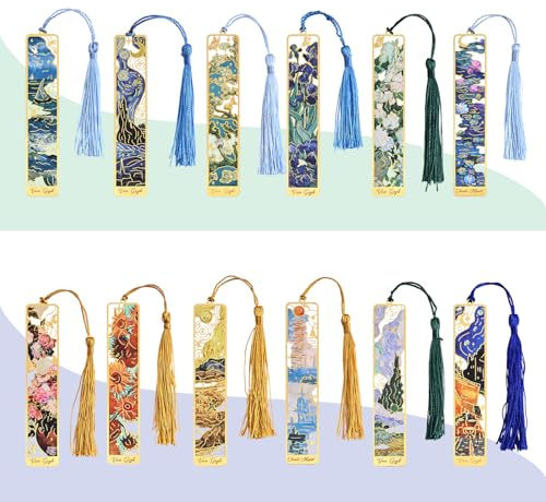 icceemee 12 Pieces of Gold Hollow Bookmarks with Tassels, Featuring Van Gogh and Monet Oil Painting Themes Perfect for Book Lovers, Writers, Readers, Children, Teenagers, Men, Women, and Adults