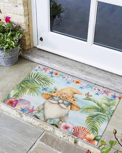 LEQIOLENNG Welcome Doormat, Summer Coastal Dwarf Palm Tree Non-Slip Front Door Mat Absorbent Bath Mats, Blue Ocean Starfish Kitchen Rug Entrance Rugs for Bathroom Bedroom 16x24in
