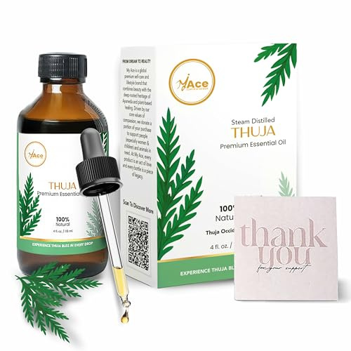 My Ace Pure & Natural Thuja Essential Oil – Steam-Distilled Thuja Orientalis | 100% Natural Oil for Diffuser, Aromatherapy, Skin & Hair Care, Massage, Soap & Candle Making – 4 fl oz with Dropper