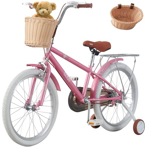LSLIFE Girls Bike with Basket for 4-14 Years Old Kids 16 18 20 22 Kids Bicycle Adjustable Seat & Handlebars Pink Girls Bike with Stabilizers Double Brake (16 Inch)