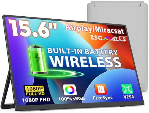 ZSCMALLS Battery Wireless Portable Monitor, 8000mAh 15.6 1080P IPS USB-C/HDMI Second Screen, Built-in Speakers, Support AirPlay/Miracast for Laptop/Phone/Tablet/Switch/Xbox, Carry Bag Included