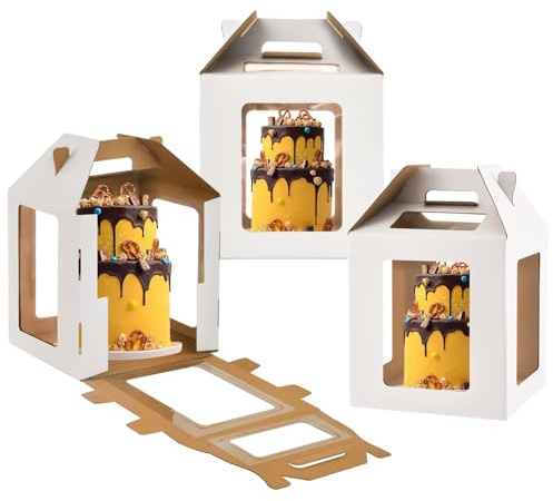 WINHPH Tall Cake Boxes 6 Windows with handle,12x12x12 Tall Cake Carrier, Tiered Cake Box, Square cake box,largeTake Out Transport Containers Ideal for 10 & 12 Tiered Cakes (3Pack-White)