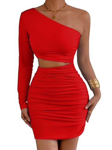 Belriviere Womens One Shoulder Bodycon Mini Dress One Sleeve Ruched Cutout Sexy Short Dress for Club Party Date Nights L Red