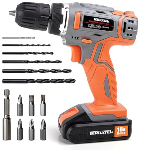 Terratek Cordless Drill Driver, 1HR Fast Charge 18V Lithium-Ion, 13Pc Electric Screwdriver Set, LED Work Light, Electric Drill Quick Change Power Battery and Charger Included