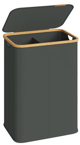 SONGMICS Cesto de Ropa con Tapa, Recogedor de Colada con 2 Compartimentos, Tejido de Oxford, Plegable, Marco de Bambú, Lavadero, Dormitorio y Salón, 140 L, 52 x 38,5 x 70,5 cm, Gris Pizarra LCB519GN01