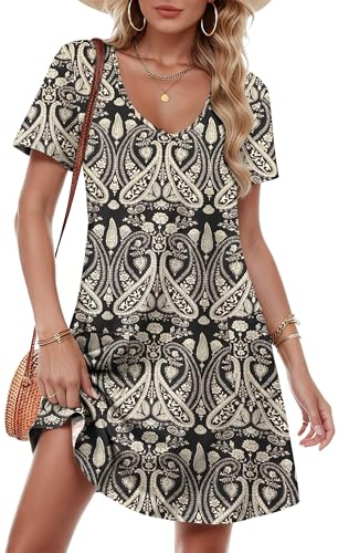 MOLERANI Dresses for Women UK - V Neck Summer Dress Short Sleeve Midi Dress with Pockets S-2XL
