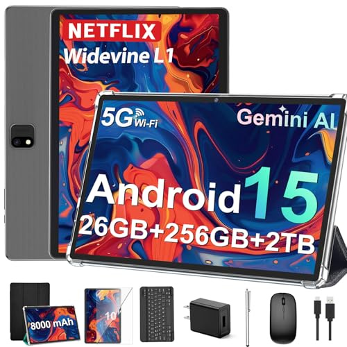 JJGJ 2026 Android 15 Tablet with Keyboard, 26GB+256GB, 2TB Expand, 10 Inch Tablet with Octa-Core, 8000mAh, 5G WiFi, BT5.0, Widevine L1, Gemini AI, 2-in-1 Tablets with Case, Mouse, Stylus(Black Case)