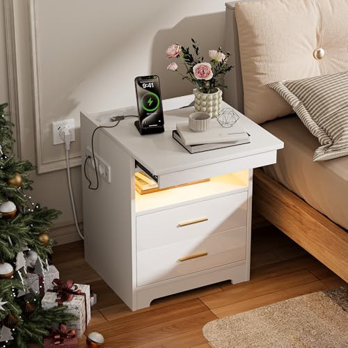 Comodini Camera da Letto con 2 Prese AC/2 Porte USB E 1 Luce LED RGB, Comodino con 2 Cassetti E 1 Ripiano Estraibile E 1 Divisorio Aperto,Salvaspazio per Camera da Letto E Studio (45x40x58cm, Bianco)