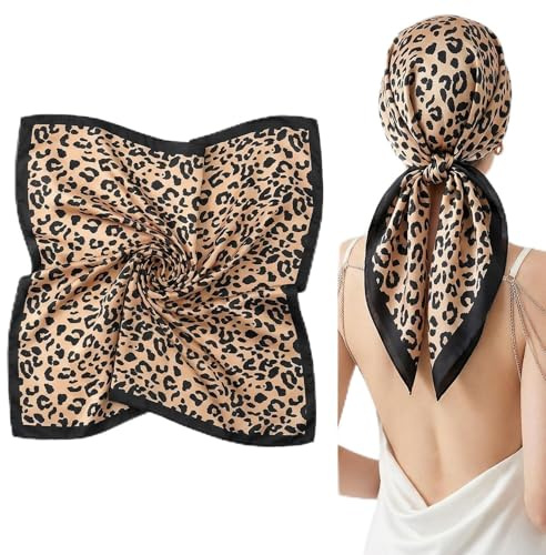 FDHBDF dam sidenscarf sidenscarf av lätt siden, elegant halsduk sidenscarf, bandana halsduk och huvudduk, mjuk handledstillbehör för kvinnor, leopardmönster 70 x 70 cm, Leopard fläck kaffe brun