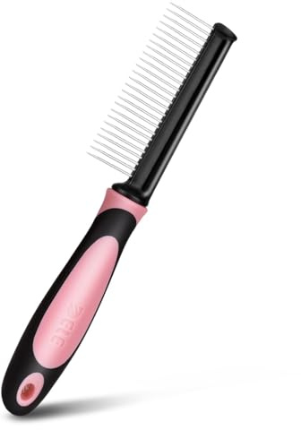 Flexzion Metal Pet Comb for Cats & Dogs - Sturdy Stainless Steel Rounded Teeth with Non-Slip Soft Grip Handle Easy to Use Grooming Detangling Cat Combs for Indoor Cats, Pink