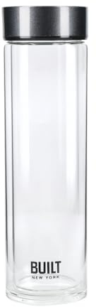 Built Tiempo Insulated Glass Water Bottle, BPA Free Borosilicate Glass / Stainless Steel Flask, Charcoal, 450ml