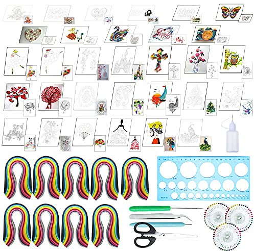 Woohome 48 Stück Papier Quilling Kits, Quilling Papier Schablonen Papier Quilling Zeichnungen Papers Pattens Manuscript Paper, Streifen Quilling Papier für Dekorative Karte, Wandkunst
