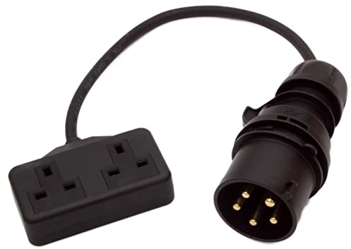 HDIUK Phase-1 400v 3-Phase CEE Plug to 240v L1 Fly Lead Converter (Black 16A 400v Plug to Heavy Duty Twin 13A Sockets)