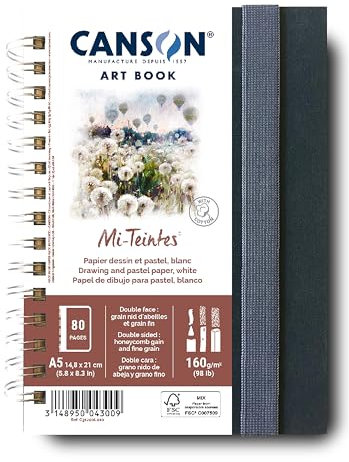 CANSON - Professional Book – Farbiges Zeichenpapier – doppelseitig: Wabenstruktur, feine Körnung – 160 g/m² – Spiralbindung – A5-14 – 8 x 21 cm – Weiß – 40 Blatt