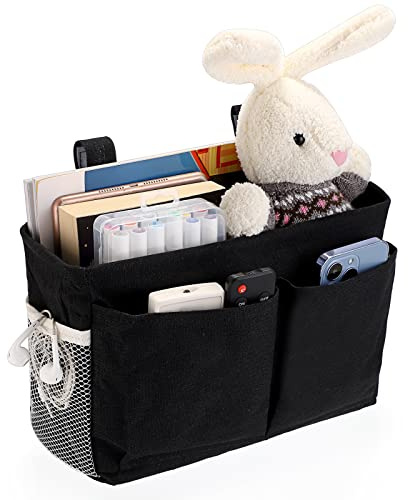 IGNPION Canvas Bedside Hanging Storage Baskets, Bed Organiser Caddy, Black | Mulit-purpose Hanging Storage Bag for Home Chair Office Dormitory Hospital, Adjustable Hanging Strap