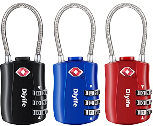 TSA bagagelås, [3 stycken] Diyife 3-siffrigt säkerhetslås, kombinationslås, kodlås för resväska, bagageväska, etui etc. (svart + blå + röd)