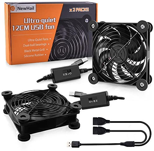 NewHail 2Pack Quiet 120mm USB Fan Dual-Ball Bearings, USB Fan 5V, with L/M/H 3-Degree Speed Controller High Airflow Cooling Fan for Router Modem Receiver DVR PlayStation Xbox TV Box