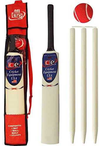 Junior Cricket Bat 4 Stumps Bail Tennis Ball Bag Gift Set Wooden Size 6 By CE (Junior 6)