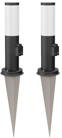 ledscom.de 2 Stück Pollerleuchte PORU mit Erdspieß für außen, schwarz, rund, 38,5cm, Steckdose