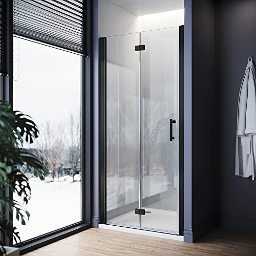 ELEGANT Black 760mm Bifold Frameless Shower Door, 6mm Safety Glass, Modern Style, Reversible Fitting
