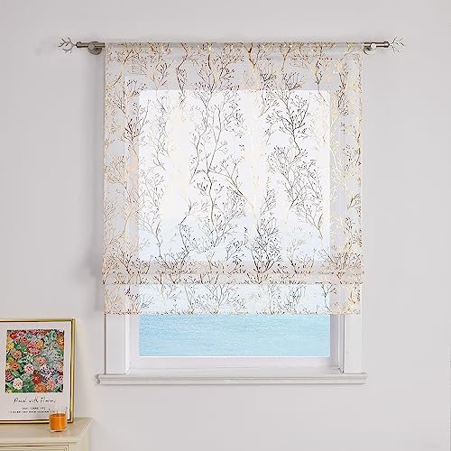 ESLIR Raffrollo mit Tunnelzug Raffgardine Weiß Transparent Gardinen Wohnzimmer Bändchenrollo Leinen Raffrollo im Landhausstil Gold BxH 140x140cm 1 Stück