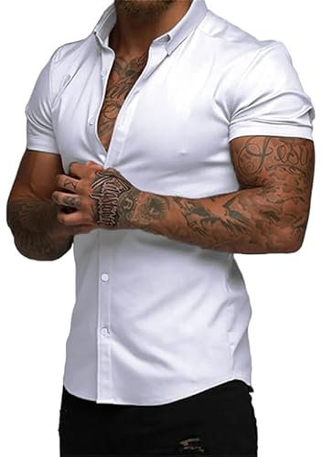 Elegancity Mens Shirts Short Sleeve Smart Casual Summer Beach Shirts Slim Muscle Fit Button Down Formal Dress Shirt White, S