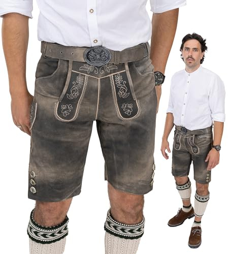 Schöneberger Traditionell couture läderbyxor, korta med kostymbälte, kostymläderbyxor bruna för oktoberfest, kostymbyxor Starnberg, Brun antik, 58