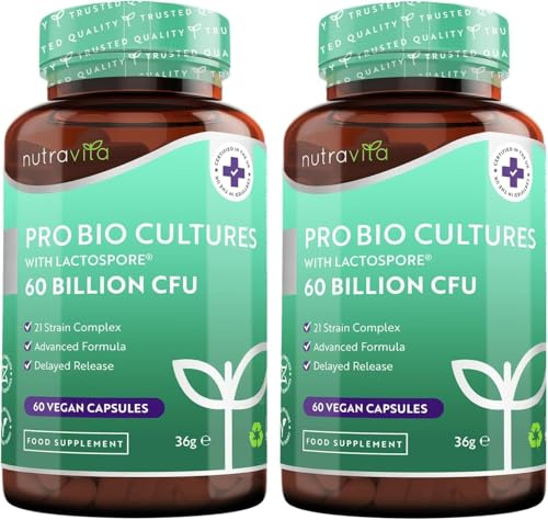 Nutravita Probioticos y Prebioticos Intestinales con 60 Mil Millones UFC - 2 x 60 Cápsulas Veganas - Inulina y 21 Cepas Bacterianas, Microbiota Intestinal, Prebioticos y Probioticos Mujer y Hombre