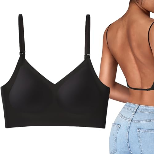 Runmeihe Low Back Bras for Backless Dress, Invisible Seamless Backless Bra with Multiway Convertible Strap, Wirefree Halter Bra for Women Ladies (UK, Alpha, M, Regular, Regular, Black)