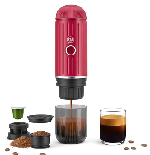 Macchina Espresso Portatile Elettrico Ricaricabile 12V Riscaldamento On-Click Macchina Caffettiera Automatica Compatibile con NS Capsule e Caffè Macinato per Campeggio Viaggi Casa (Rosso)