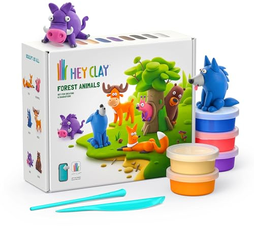 Hey Clay – Bunte lufttrocknende Modelliermasse für Kinder – Waldtiere-Set – Lufttrocknende Ton-Set, 15 Dosen und Modellierwerkzeuge mit lustiger interaktiver Anleitungs-App – 15022