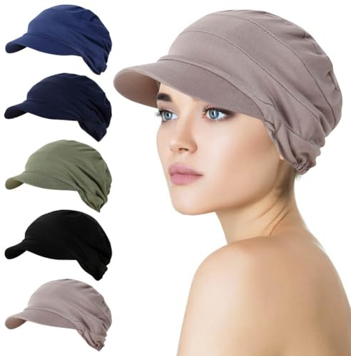 Soft Cancer Headwear with Brim Visor Chemo Newsboy Caps Turbans Hat Slouchy Beanie Cap for Patients Hair Loss, Classic Colors, 2-8