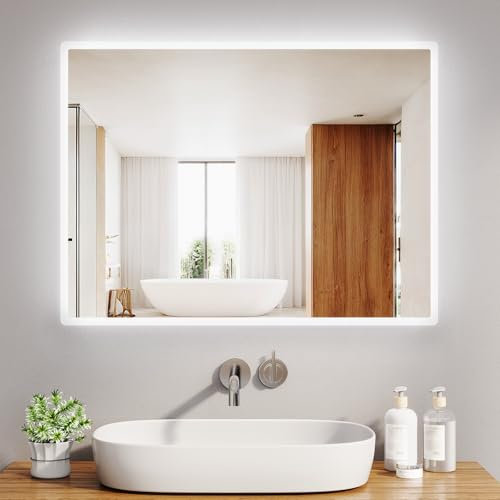LOMIKEN Miroir LED de salle de bain 80x60 cm - Cadre en aluminium, verre anti-explosion, bords dépolis, 6400 K, blanc froid, IP44, économie d'énergie