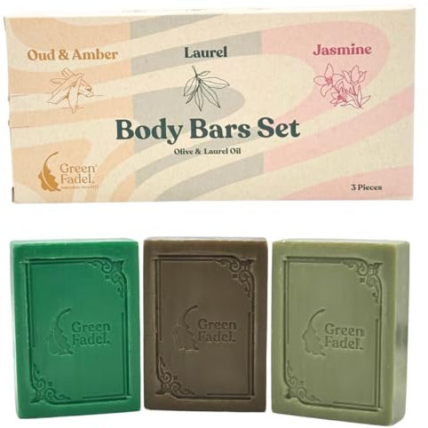 GREEN FADEL Sapone di Aleppo Luxury, Set da 3 pezzi: Alloro, Oud & Ambra, Gelsomino, con Olio d'Oliva e Olio di Alloro, Sapone all'Olio d'Oliva