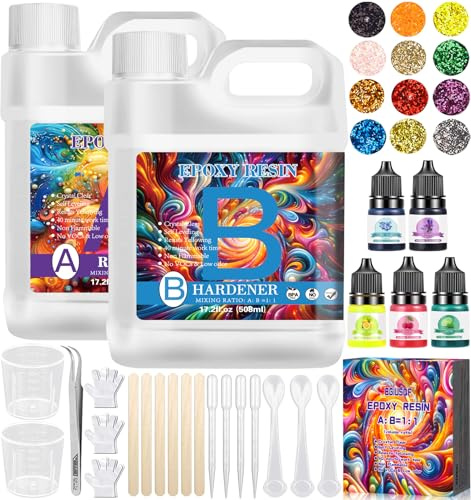 BGIUSQF Kit Resina Epoxi Transparente, 1016 ML Resina Epoxis, 1 : 1 Kit Resina Epoxi Manualidades Completo, con Purpurina, Palitos de Madera, Tazas Medidoras, para Hacer Llavero, Joyas