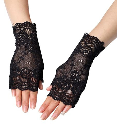 2 Fingerless Gloves,Spitzen Handschuhe Kommunionhandschuhe,Spitzenhandschuhe,Hochzeit Brauthandschuhe,Damen Abschlussball Sexy,Lolita für Handschuhen Kurze Elastische,Half-Finger Handschuhe (2Schwarz)