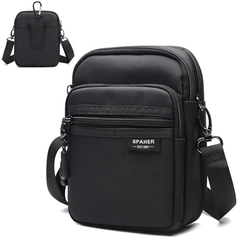 SPAHER Herren Umhängetasche Klein Oxford Gürteltasche für Smartphone, Wasserdicht Brustbeutel Handytasche für Männer Schwarz