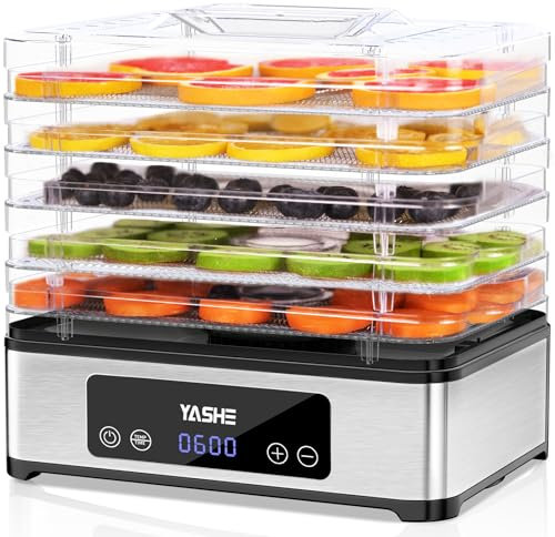 YASHE Dörrautomat mit Edelstahlgitter, 5-lagiger Dörrgerät, 400W Dehydrator mit Timer für Fleisch, Obst, Gemüse, Kräuter und Hundesnacks