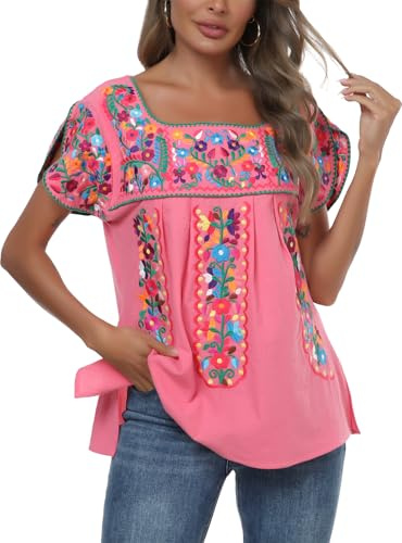 Mexican Shirts for Women Embroidered Tops Traditional Peasant Summer Tunic Blouse, B-pink, M