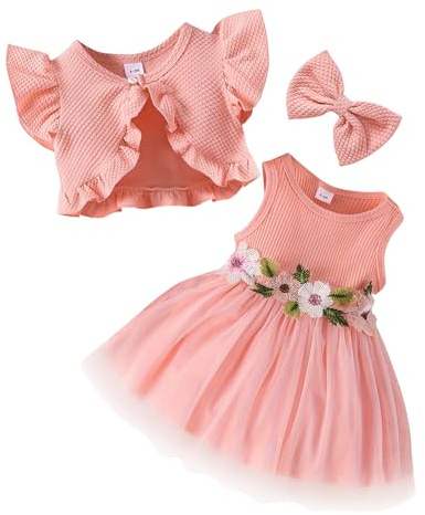 AIEOE - Vestido de bebé para niña, elegante, con malla Waffle, falda de tul y lazo para bebé y niña, 3 meses, 3 años