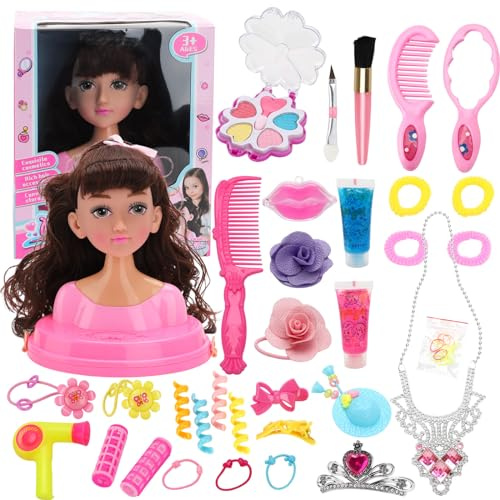 Tonysa Juego de Simulación de Peluquería para Niñas, Conjunto de Maquillaje con Cabeza de Muñeca, Juguete de Plástico Seguro para Niñas, Peluquería, Ideal Divertido para Niños (#8)