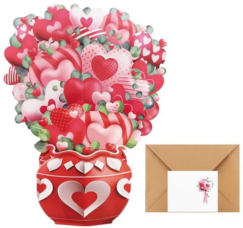 Esitrormi Vase Heart Bouquet 3D Pop Up Card with Kraft Paper Envelope | Layered paper heart ornaments form pop-up vase layout for Valentine anniversary and other holiday greeting gifts