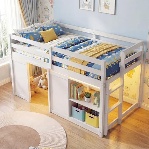 Giantex Loft Bed Twin Size with LED Lights, Wooden Low Bed Frames for Kids w/2 Doors, Under-Bed Play Space & Storage Bookcase, Modern Bedframe with Ladder & Safety Guardrail for Boys Girls (White)