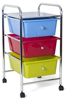 BAKAJI Kosmetikwagen aus verchromtem Stahl, Kommode mit 3 Schubladen, mit 4 Rädern und Ablagefläche oben, Trolley mit Schubladen