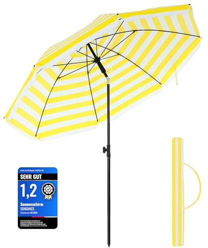SONGMICS Sonnenschirm 160 cm, Sonnenschutz, UPF 50+, Strandschirm, beidseitig um 30° knickbar, höhenverstellbar, mit Tragetasche, Balkon, Garten, Strand, ohne Ständer, gelb-weiß gestreift GPU60YW