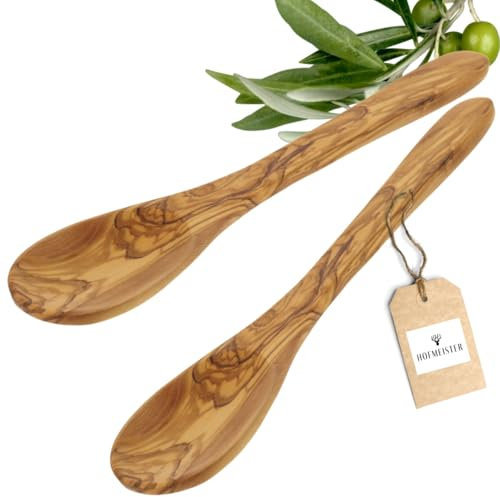 HOFMEISTER® Lot de 2 cuillères de cuisine ovales en bois d'olivier avec poignée plate de qualité supérieure en olive à grain frappant, cuillères en bois, robustes, durables, uniques, longueur 30 cm