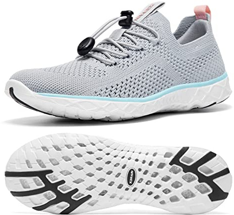 KOLILI Arch Support Aqua Water Shoes Aerobics, Quick Drying Sport Watershoes, Slip on Tennis Sneaker for Walking, Drain Sole Watershoes for Summing Beach Travel Lt Gray/Aqua 9
